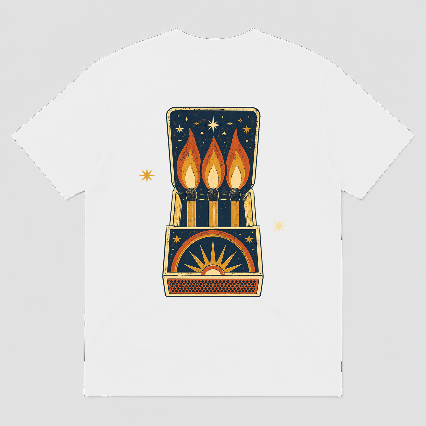Night Flame Matchbook Retro Graphic T-Shirt, Unisex Vintage Celestial Tee - POD-20260728-050_white_back_mockup