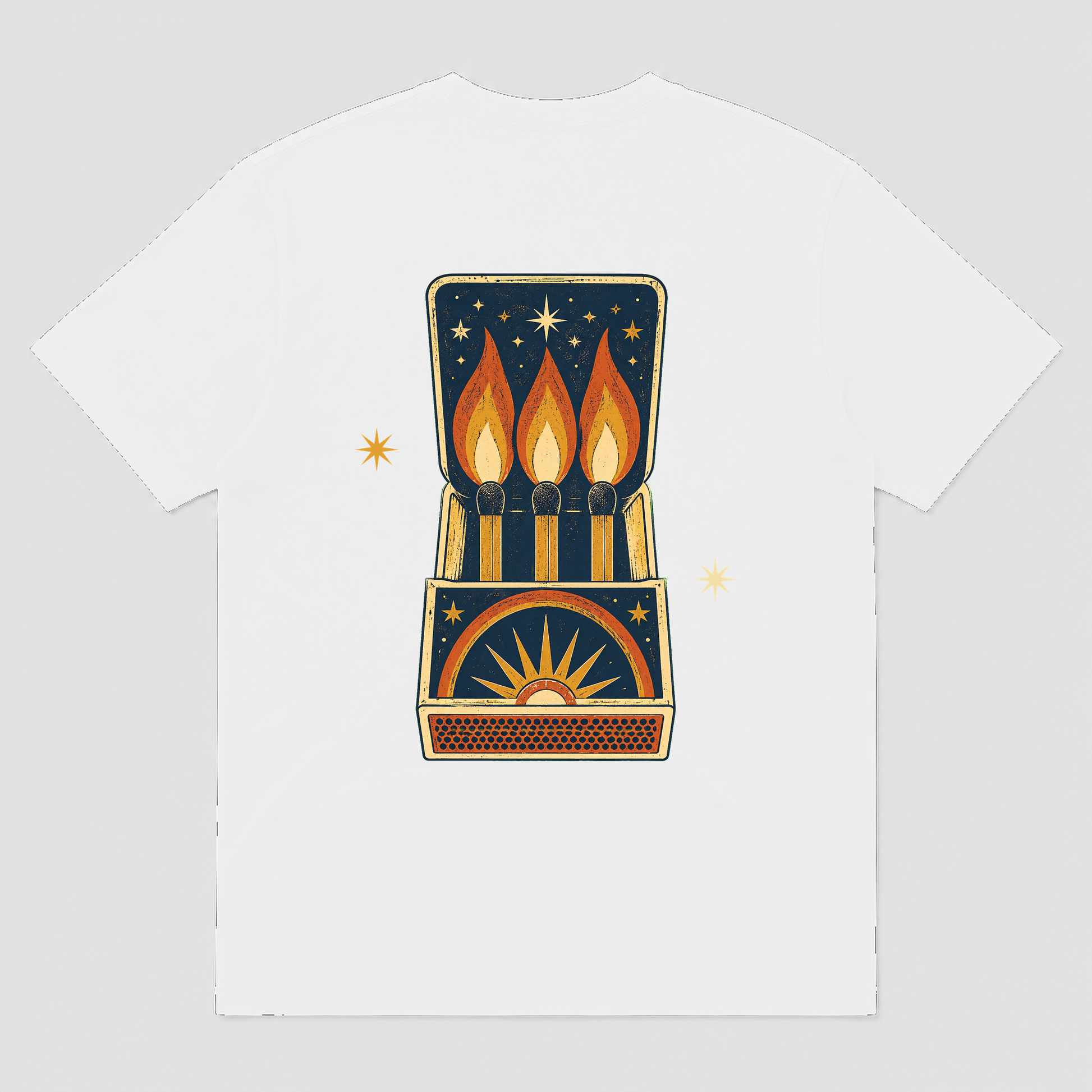 Night Flame Matchbook Retro Graphic T-Shirt, Unisex Vintage Celestial Tee - POD-20260728-050_white_back_mockup