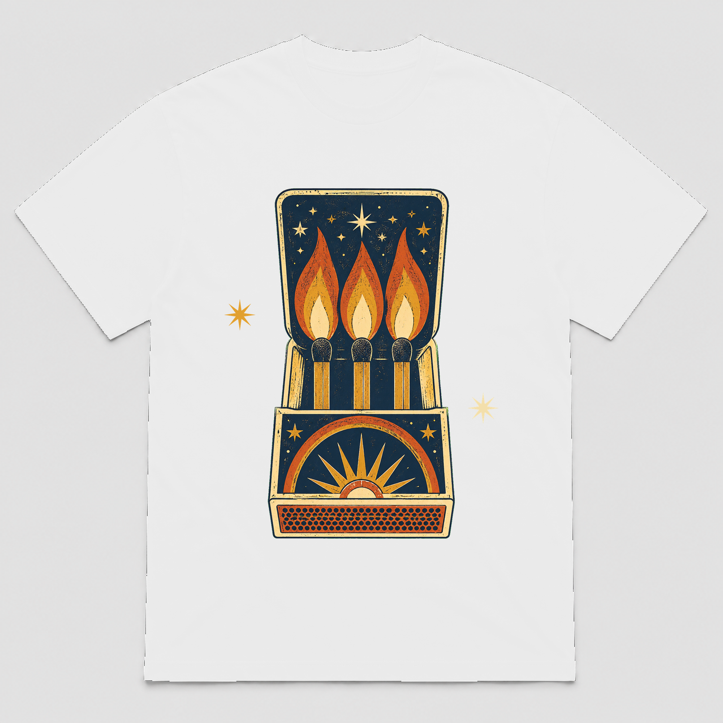 Night Flame Matchbook Retro Graphic T-Shirt, Unisex Vintage Celestial Tee - POD-20260728-050_white_front_mockup