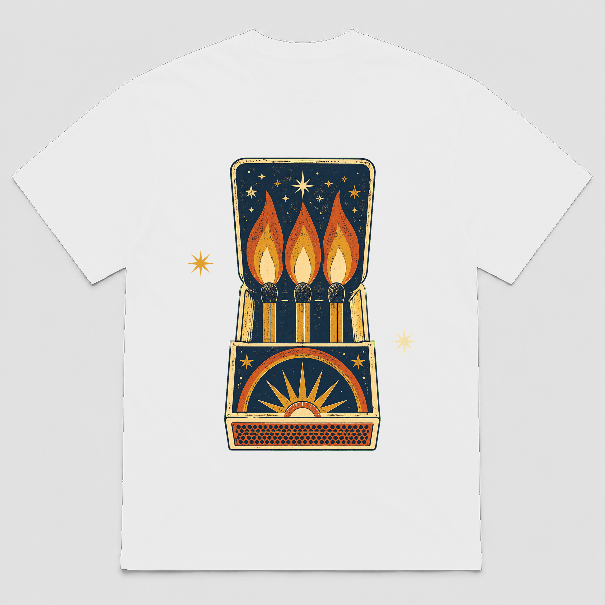 Night Flame Matchbook Retro Graphic T-Shirt, Unisex Vintage Celestial Tee - POD-20260728-050_white_front_mockup