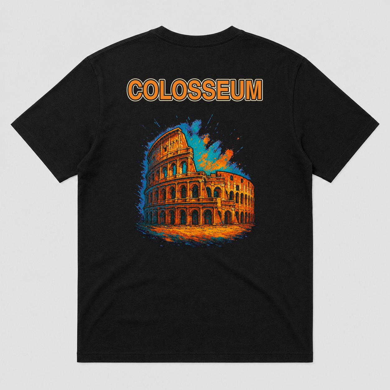 Colosseum Vintage Travel Graphic T-Shirt, Roman Architecture Tee, Unisex Short Sleeve Crew Neck - POD-20260728-053_black_back_mockup