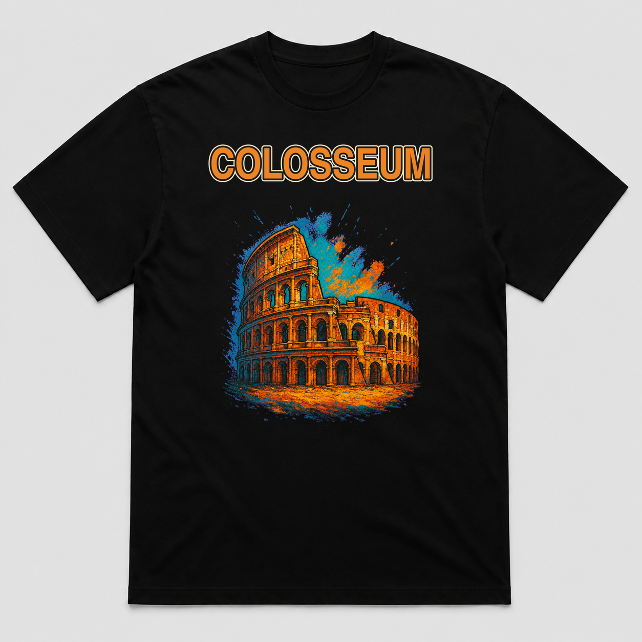 Colosseum Vintage Travel Graphic T-Shirt, Roman Architecture Tee, Unisex Short Sleeve Crew Neck - POD-20260728-053_black_front_mockup