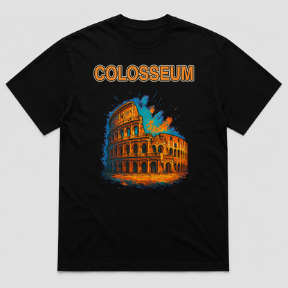 Colosseum Vintage Travel Graphic T-Shirt, Roman Architecture Tee, Unisex Short Sleeve Crew Neck - POD-20260728-053_black_front_mockup