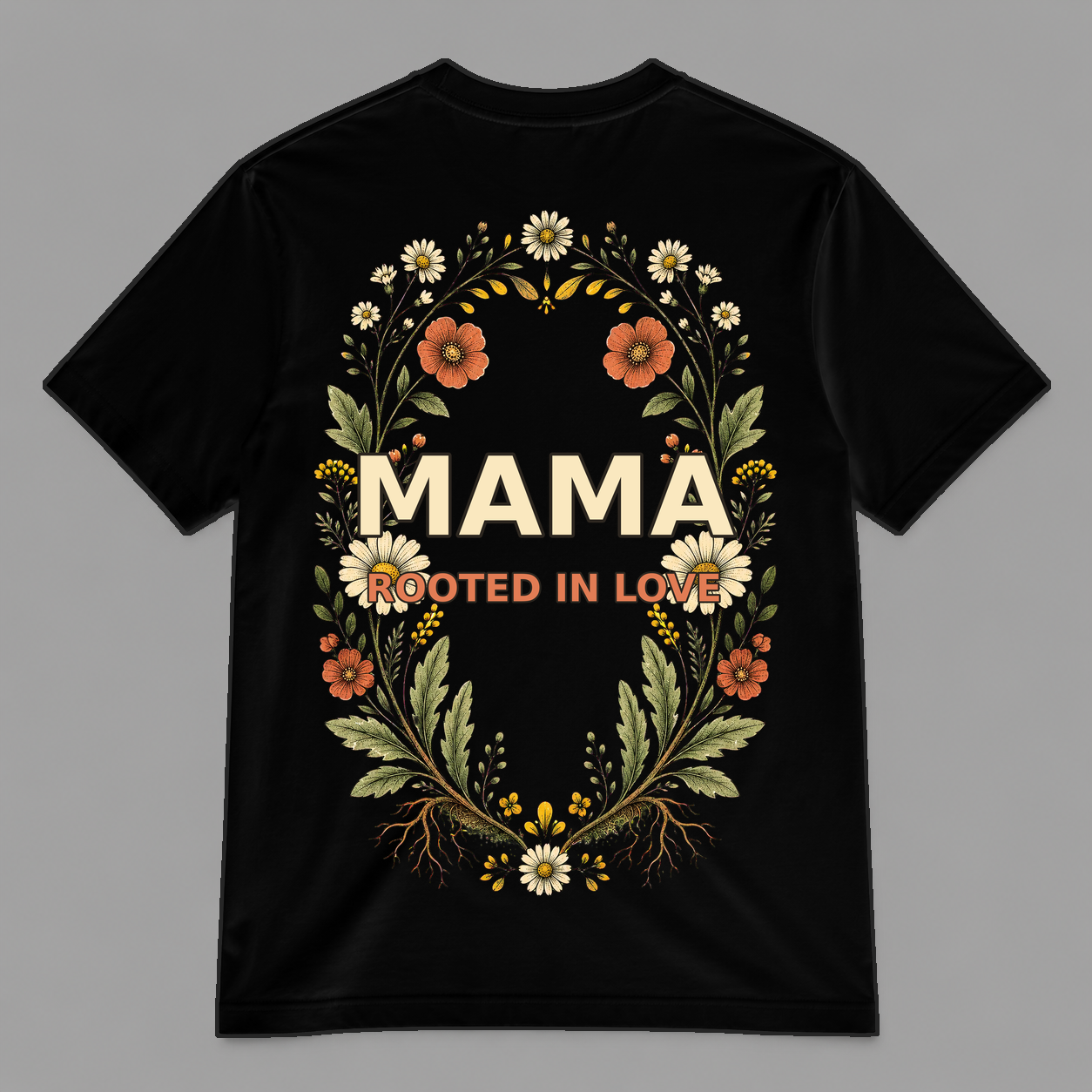 Rooted in Love Mama Botanical Graphic T-Shirt, Unisex Mother's Day Gift Tee - POD-20260728-058_black_back_mockup