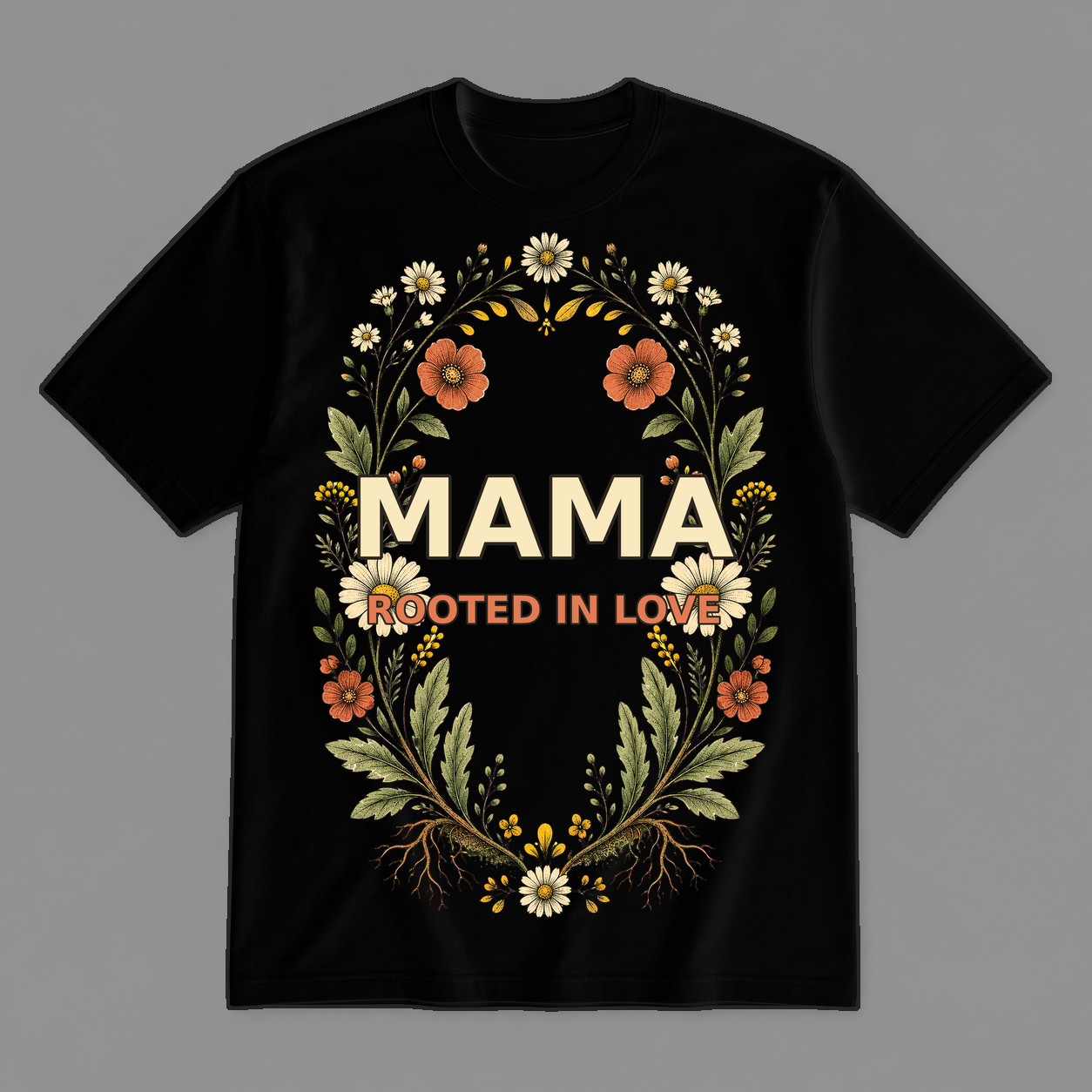Rooted in Love Mama Botanical Graphic T-Shirt, Unisex Mother's Day Gift Tee - POD-20260728-058_black_front_mockup