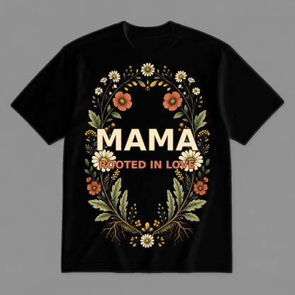 Rooted in Love Mama Botanical Graphic T-Shirt, Unisex Mother's Day Gift Tee - POD-20260728-058_black_front_mockup