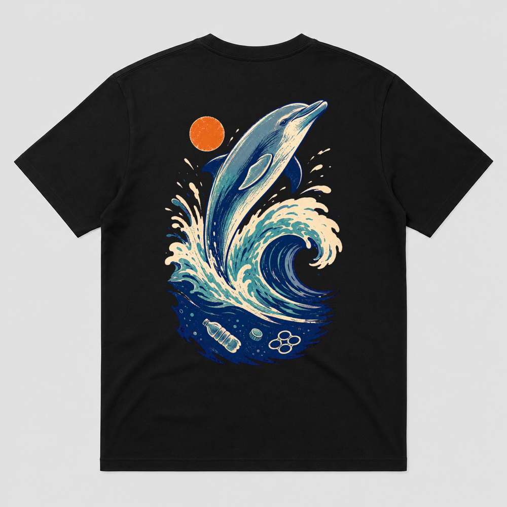 Ocean Signal Dolphin Retro Wave Graphic T-Shirt, Unisex Marine Life Tee - POD-20260728-063_black_back_mockup