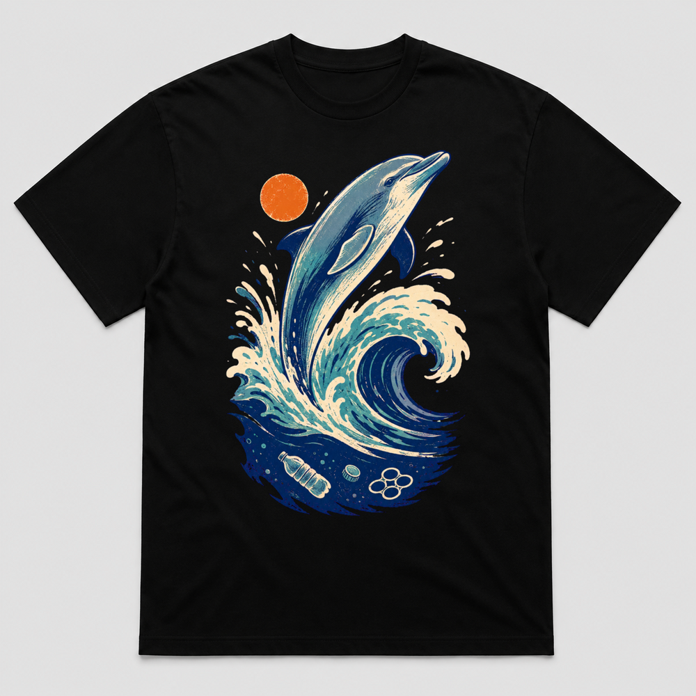 Ocean Signal Dolphin Retro Wave Graphic T-Shirt, Unisex Marine Life Tee - POD-20260728-063_black_front_mockup