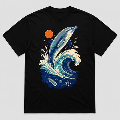 Ocean Signal Dolphin Retro Wave Graphic T-Shirt, Unisex Marine Life Tee - POD-20260728-063_black_front_mockup