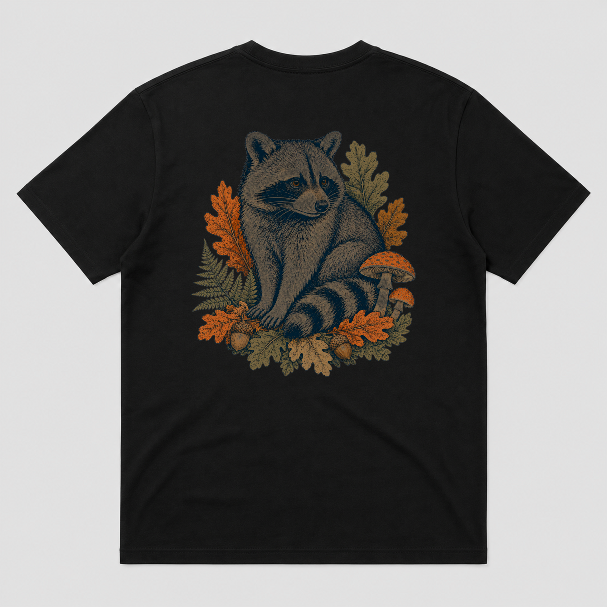 Autumn Forager Raccoon Unisex Graphic T-Shirt - POD-20260728-068_black_back_mockup