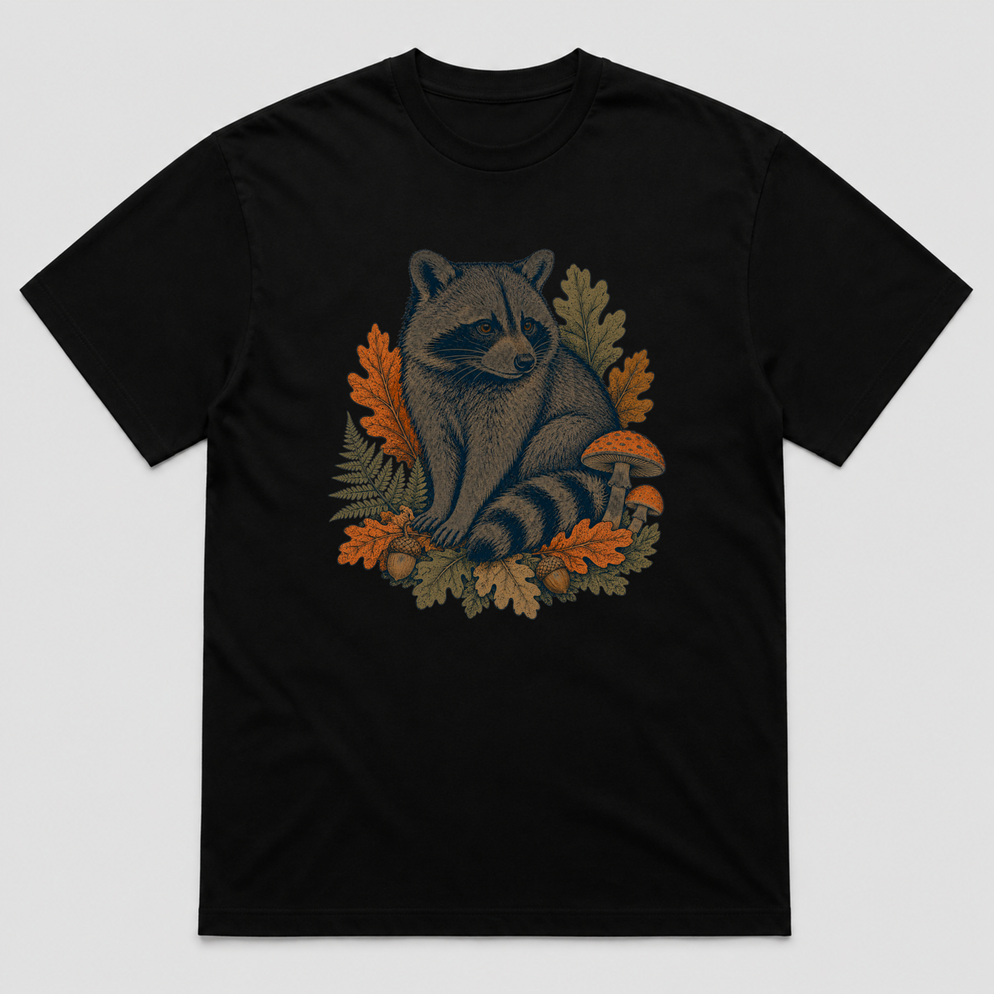 Autumn Forager Raccoon Unisex Graphic T-Shirt - POD-20260728-068_black_front_mockup