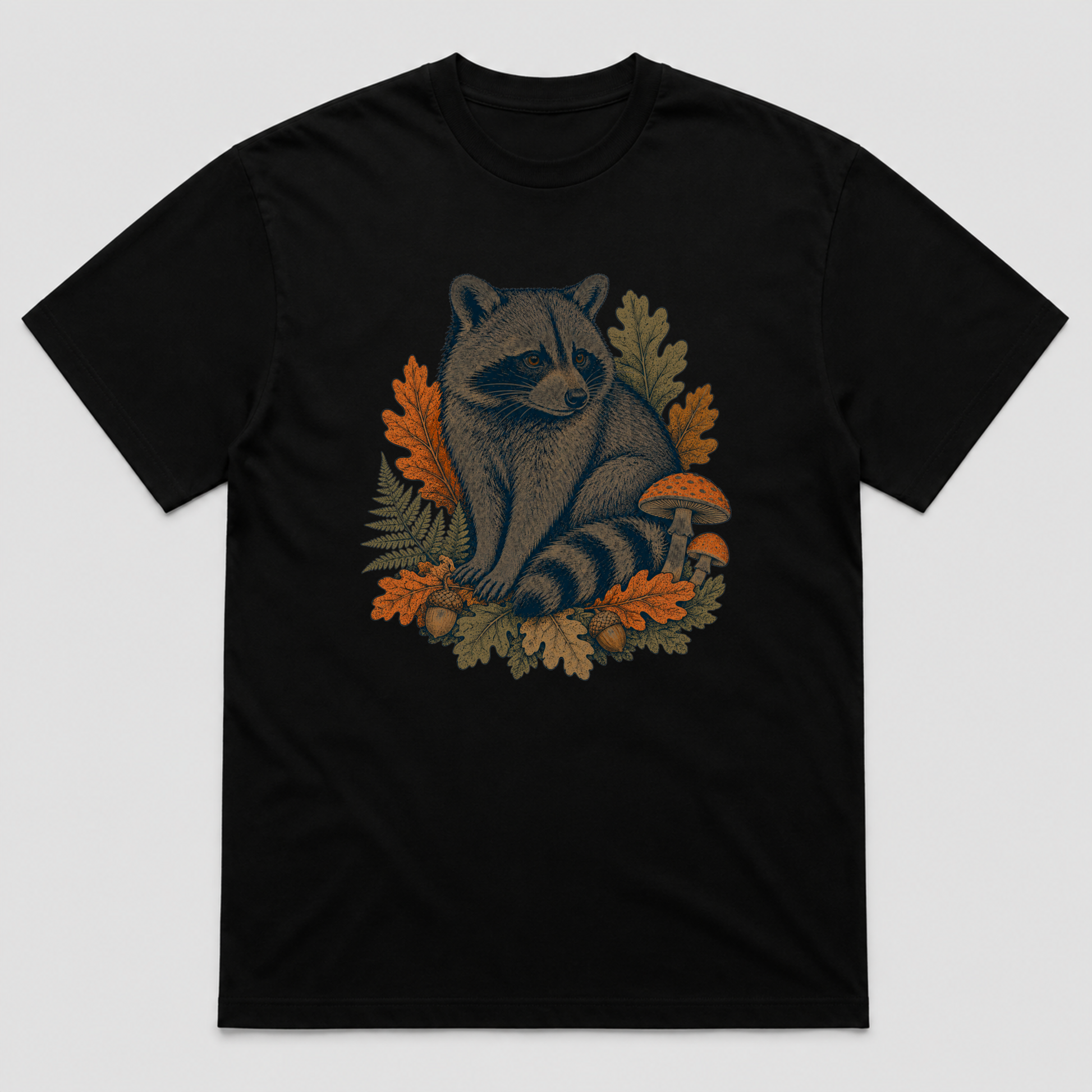 Autumn Forager Raccoon Unisex Graphic T-Shirt - POD-20260728-068_black_front_mockup