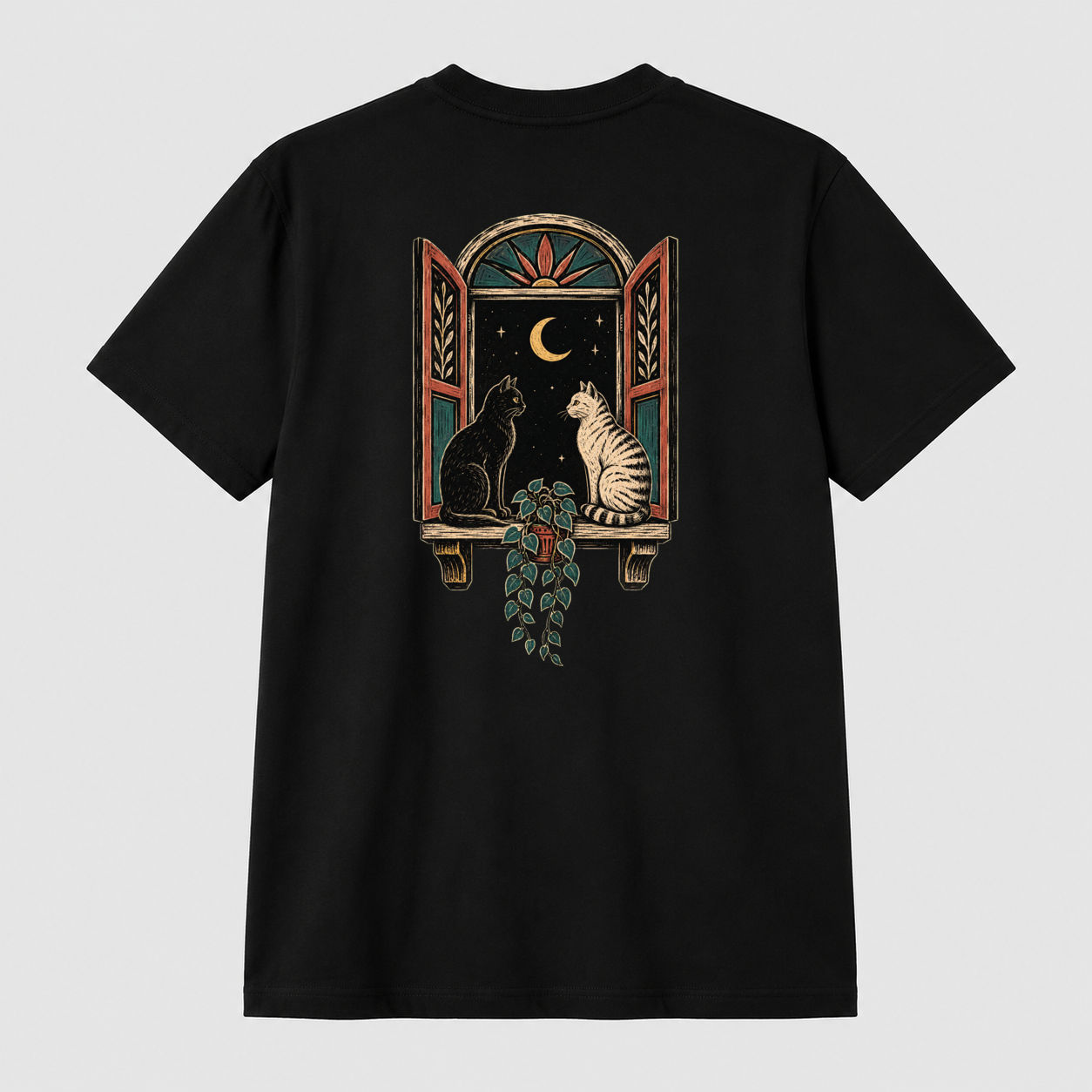 Night Window Companions Graphic T-Shirt - POD-20260728-071_black_back_mockup