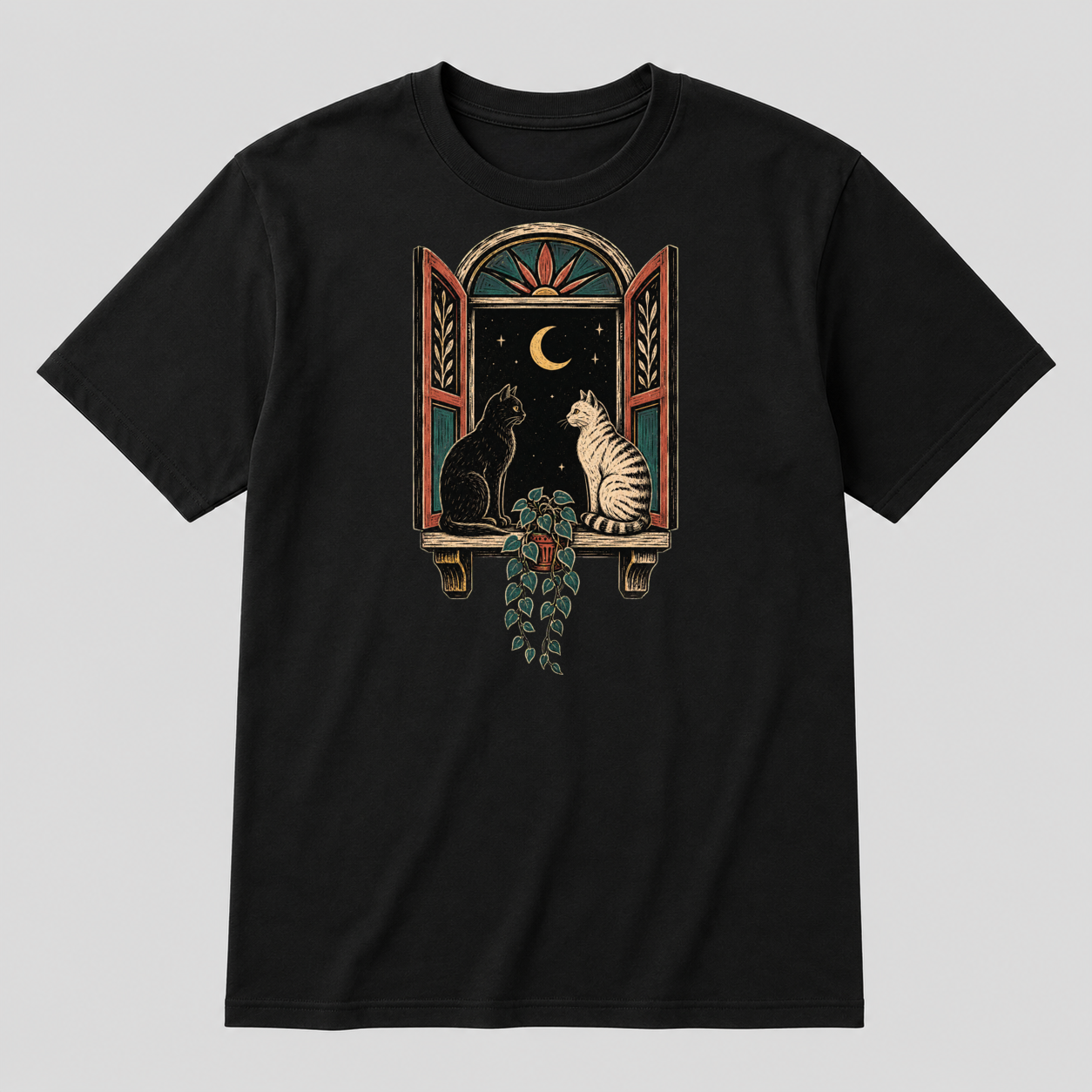 Night Window Companions Graphic T-Shirt - POD-20260728-071_black_front_mockup