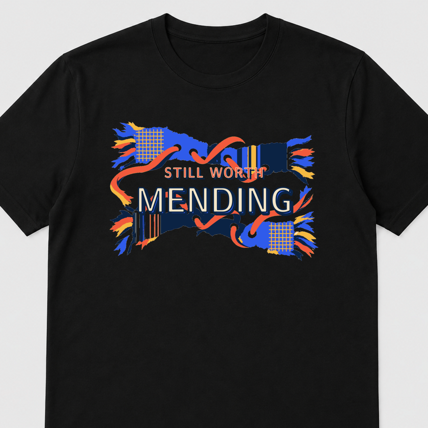 Still Worth Mending Visible Repair Graphic T-Shirt - POD-20260812-153_black_front_closeup_mockup