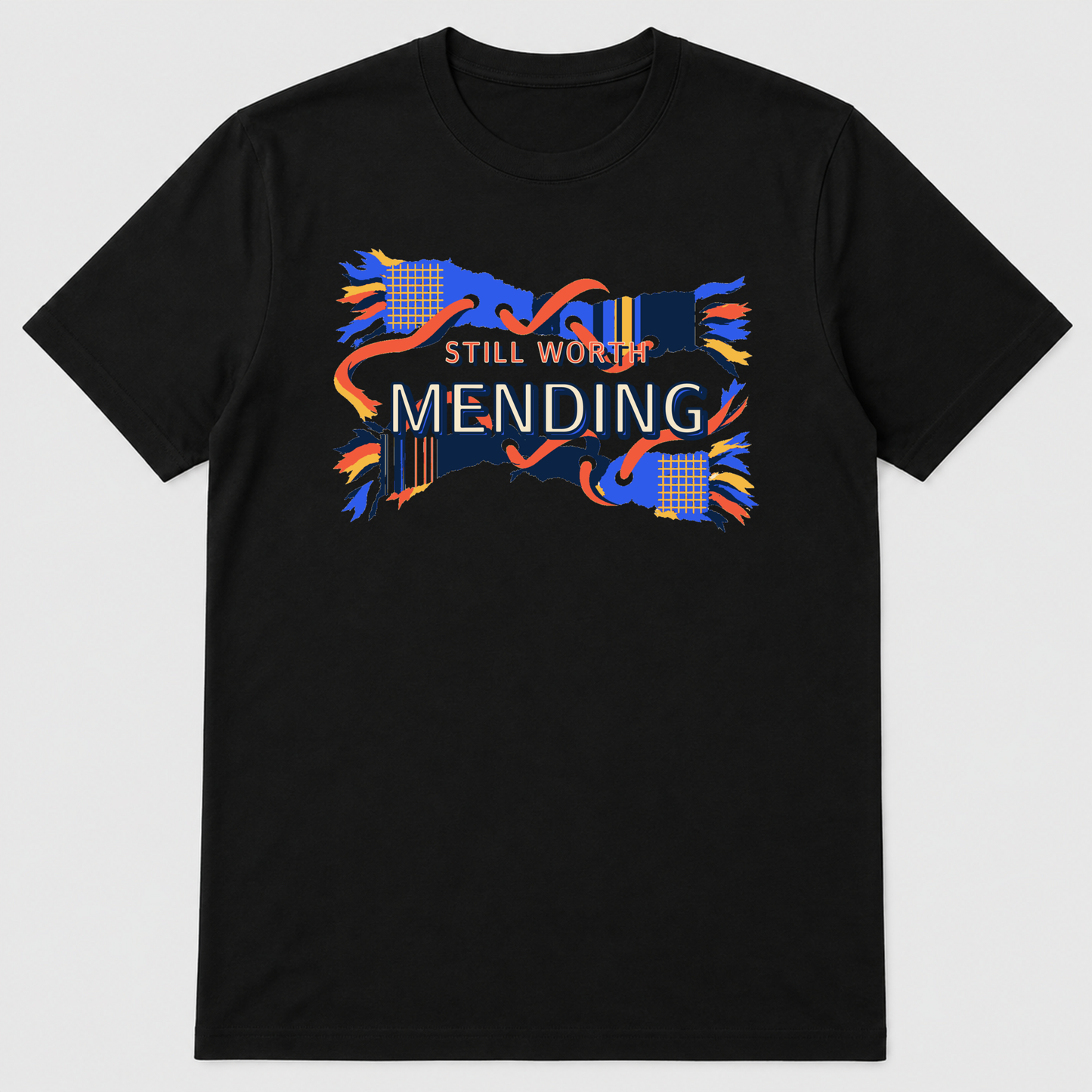 Still Worth Mending Visible Repair Graphic T-Shirt - POD-20260812-153_black_front_mockup