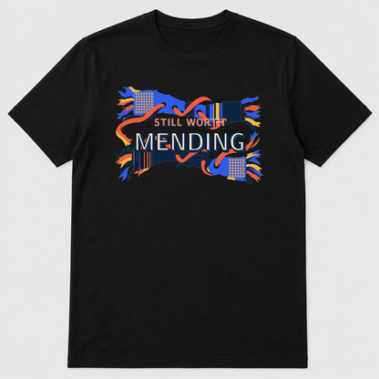 Still Worth Mending Visible Repair Graphic T-Shirt - POD-20260812-153_black_front_mockup