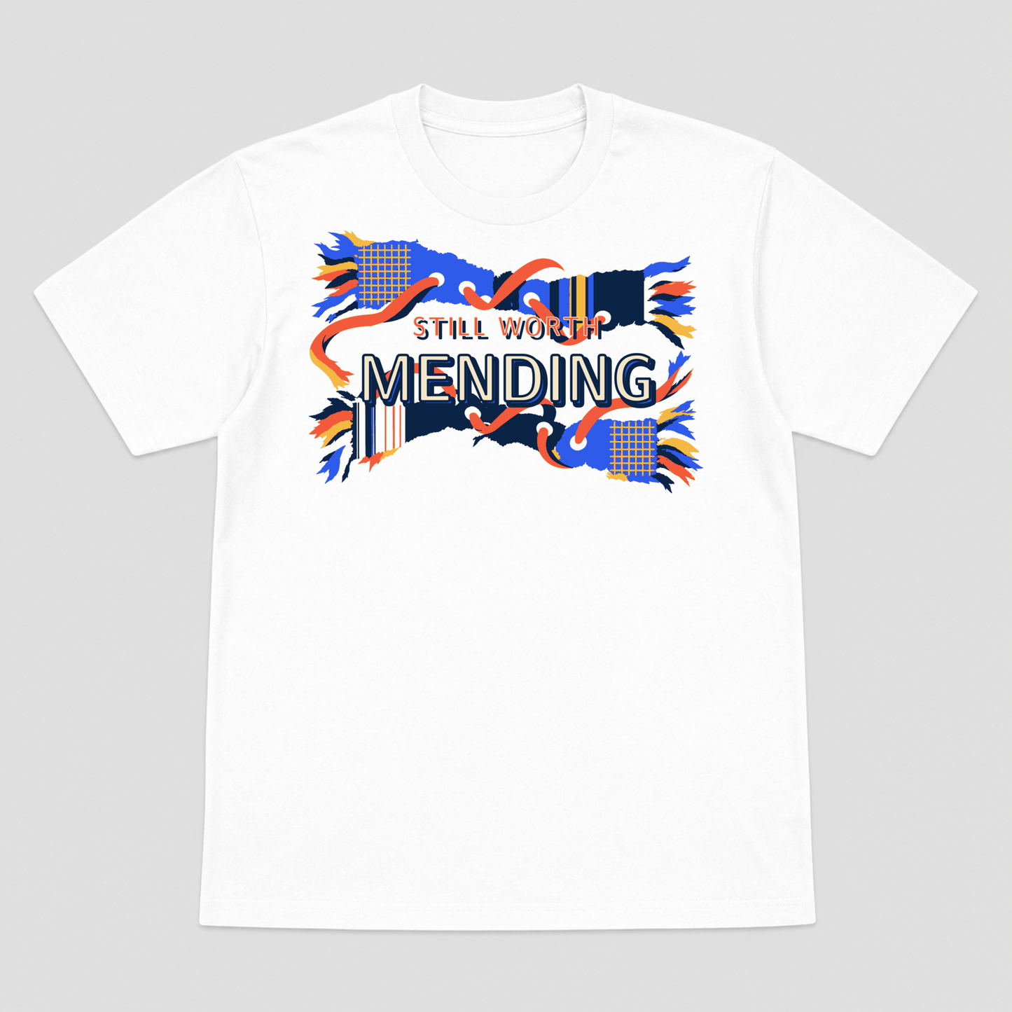 Still Worth Mending Visible Repair Graphic T-Shirt - POD-20260812-153_white_front_mockup