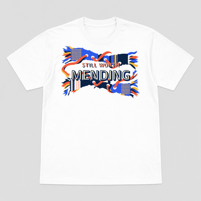 Still Worth Mending Visible Repair Graphic T-Shirt - POD-20260812-153_white_front_mockup