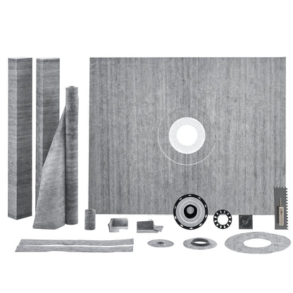 VEVOR Shower Curb Kit, Watertight Shower Curb Overlay and Shower Pan Kit with PVC Bonding Flange, Stainless Steel Grate, Waterproof Membrane, Cuttable Curbs, Slope Sticks and Trowel for Bathroom 48x60 inch Hole Central