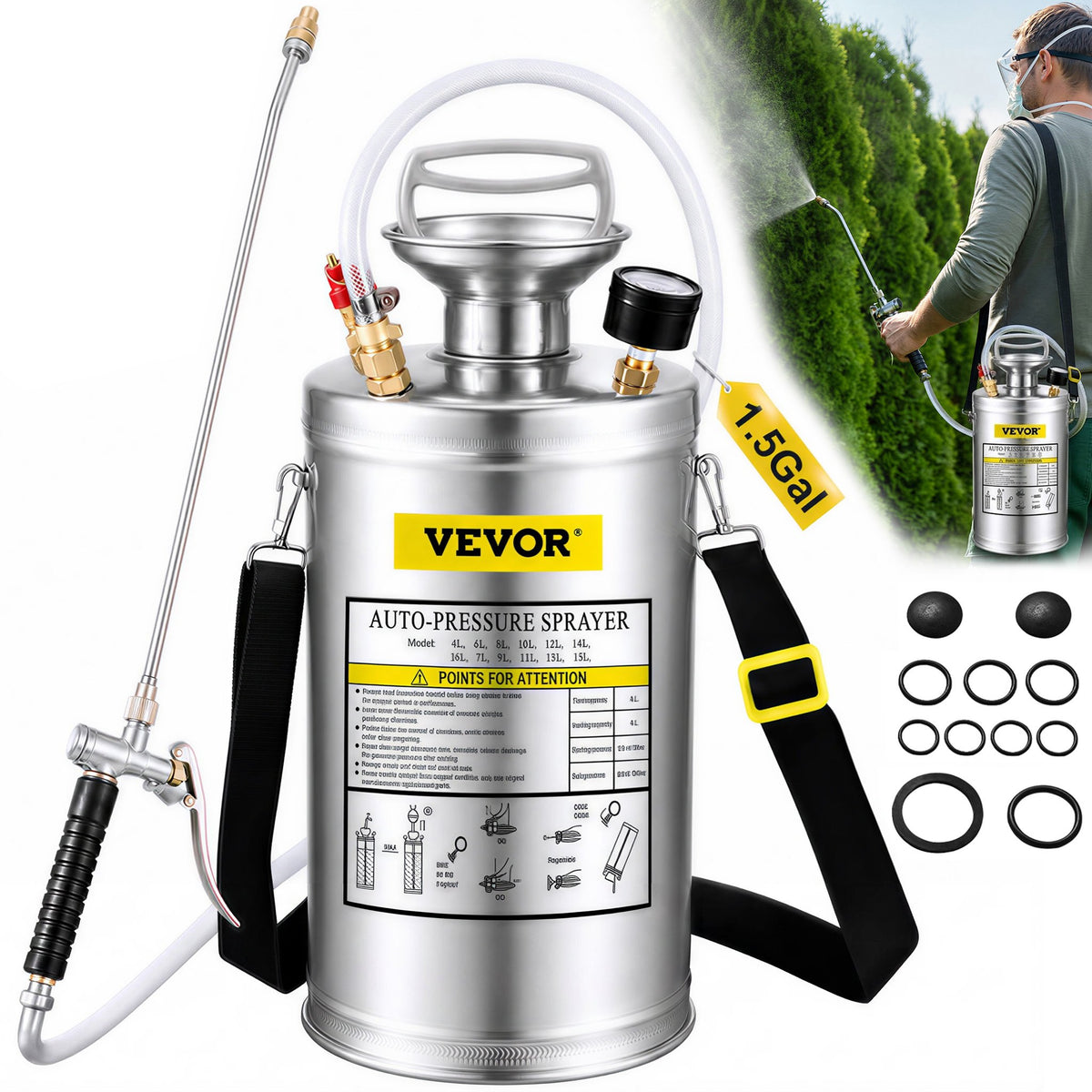 VEVOR Stainless Steel Garden Sprayer, 1-3.5 Gal Hand Pump Sp 6 L