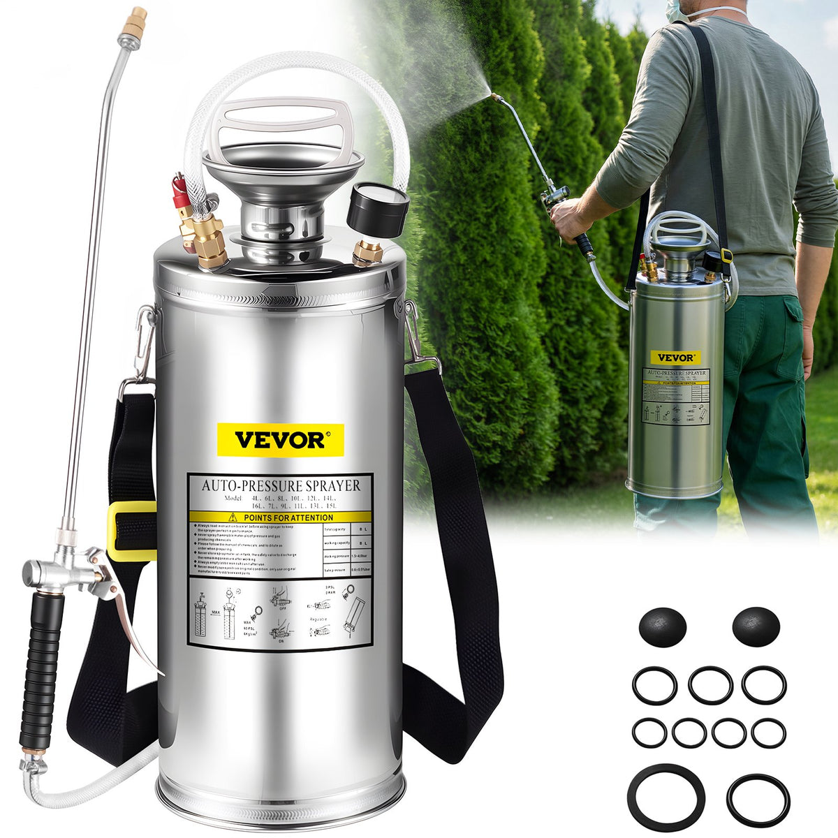 VEVOR Stainless Steel Garden Sprayer, 1-3.5 Gal Hand Pump Sp 8 L