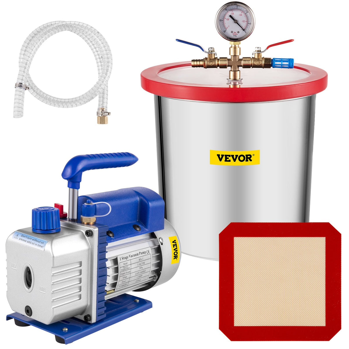 VEVOR Vacuum Chamber Kit, 1.5-5 Gal Stainless Steel Degassin Single-Stage Pro/3.6 CFM / 3 Gal