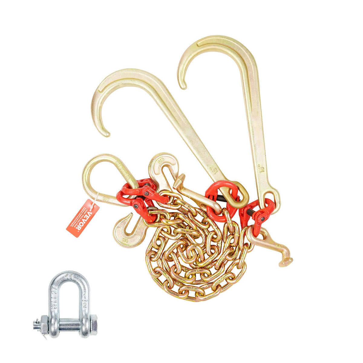 VEVOR G80 V Bridle Tow Chain 3/8 in / 2 ft, 1 Pack, J + T + Grab Hooks