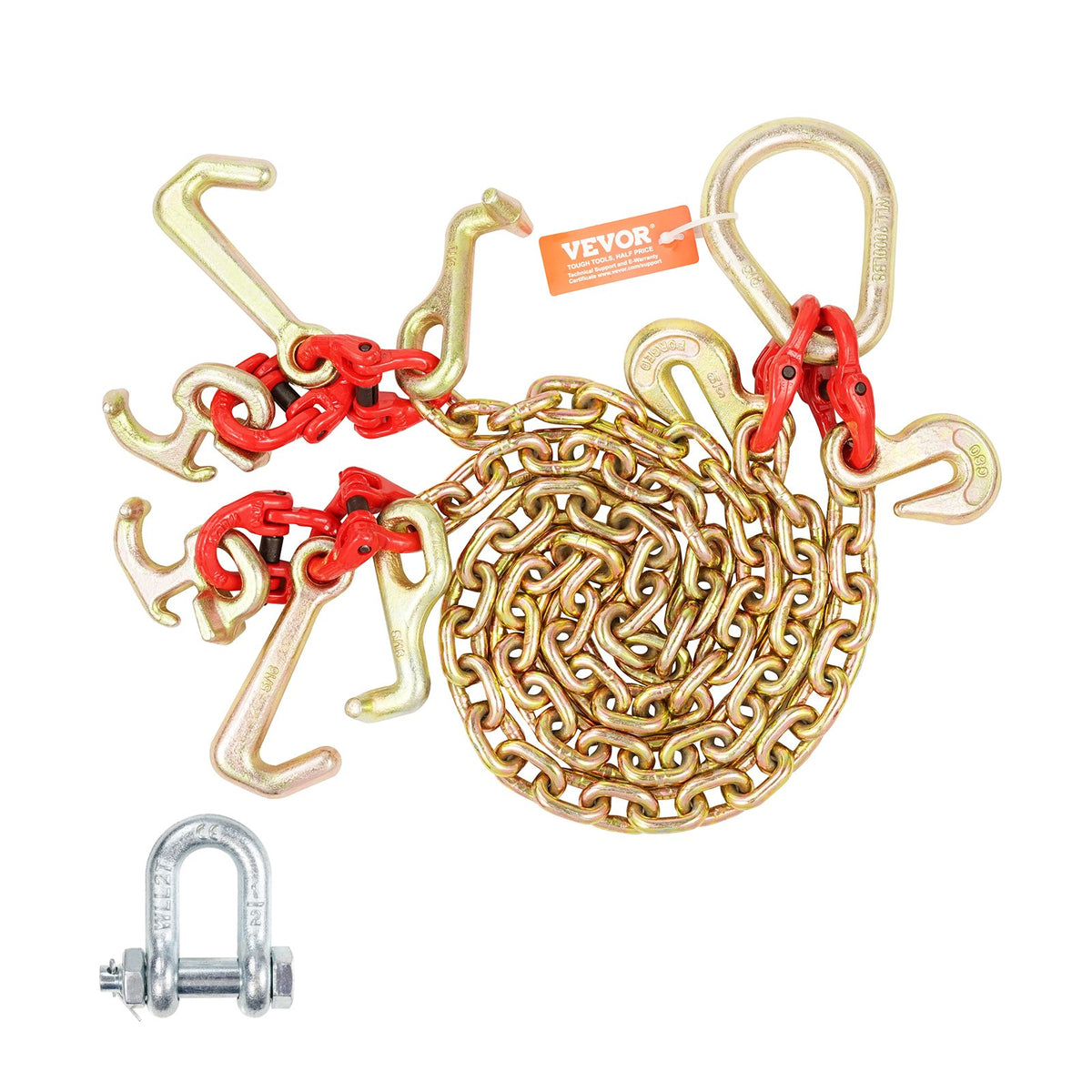 VEVOR G80 V Bridle Tow Chain 5/16 in / 3 ft, 1 Pack, R + T + J + Grab Hooks