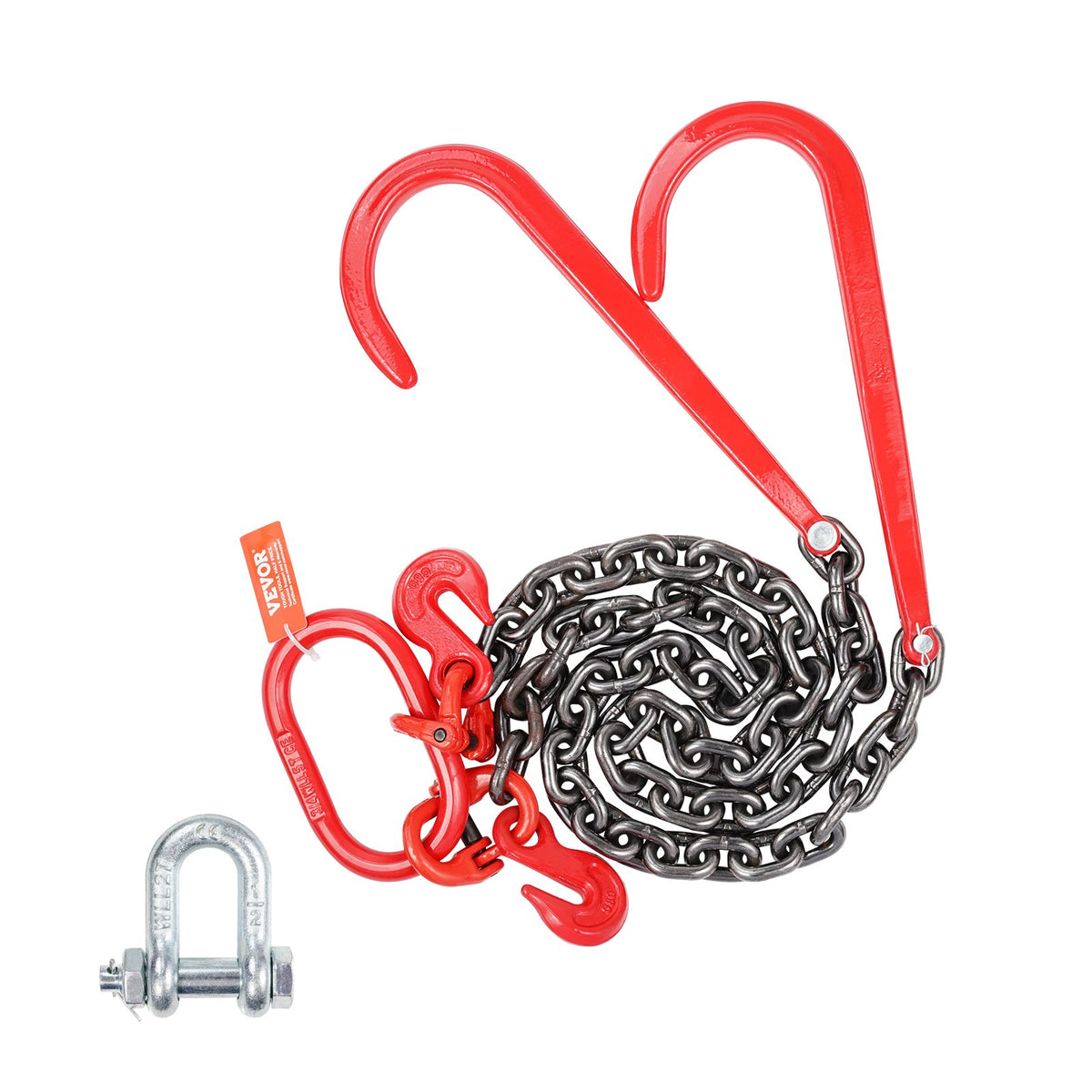 VEVOR G80 V Bridle Tow Chain 3/8 in / 3 ft, 1 Pack, J + Grab Hooks