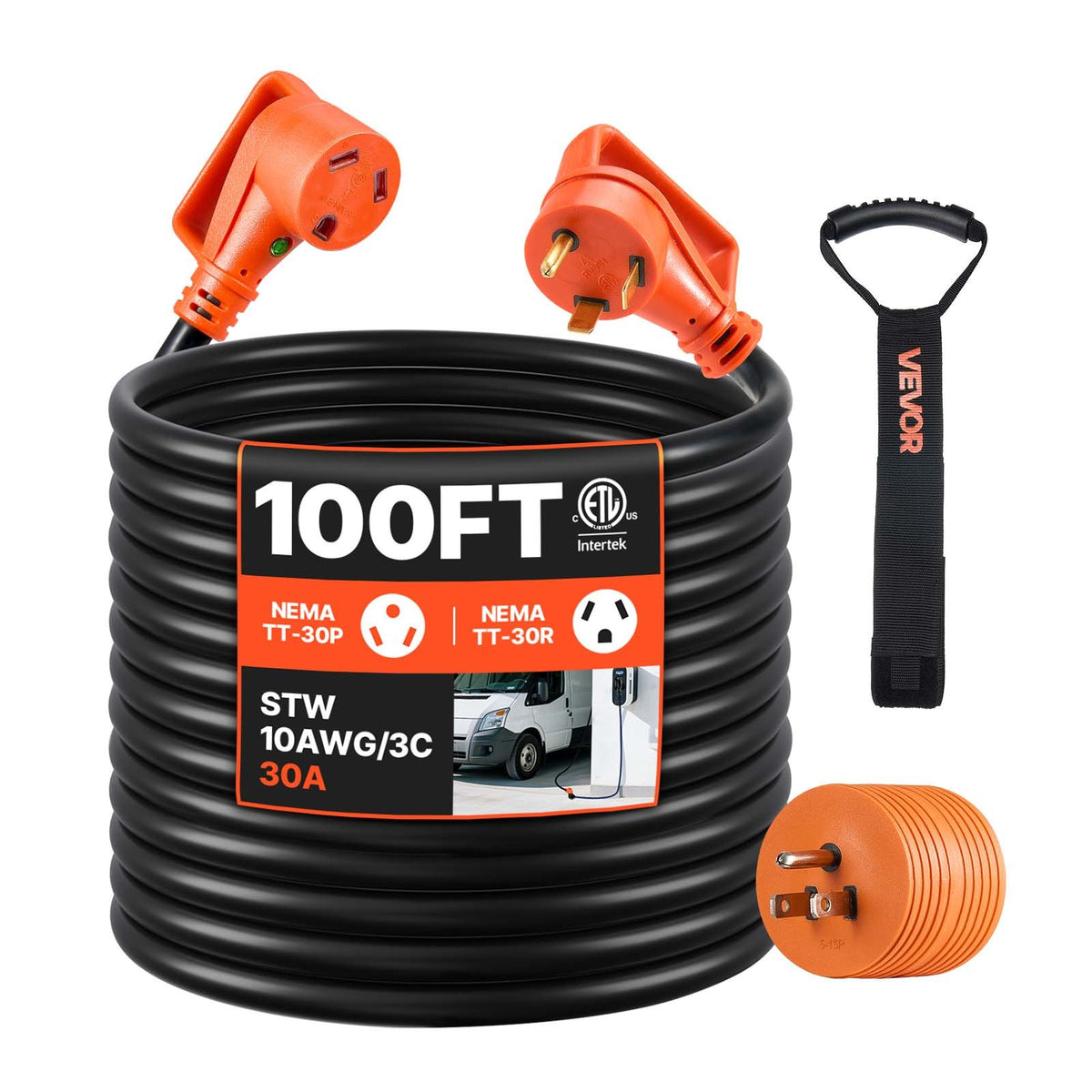 VEVOR RV Extension Cord, Heavy Duty STW Power Cord with NEMA 30A / 100 ft / with LED Indicator & 15A Adapter