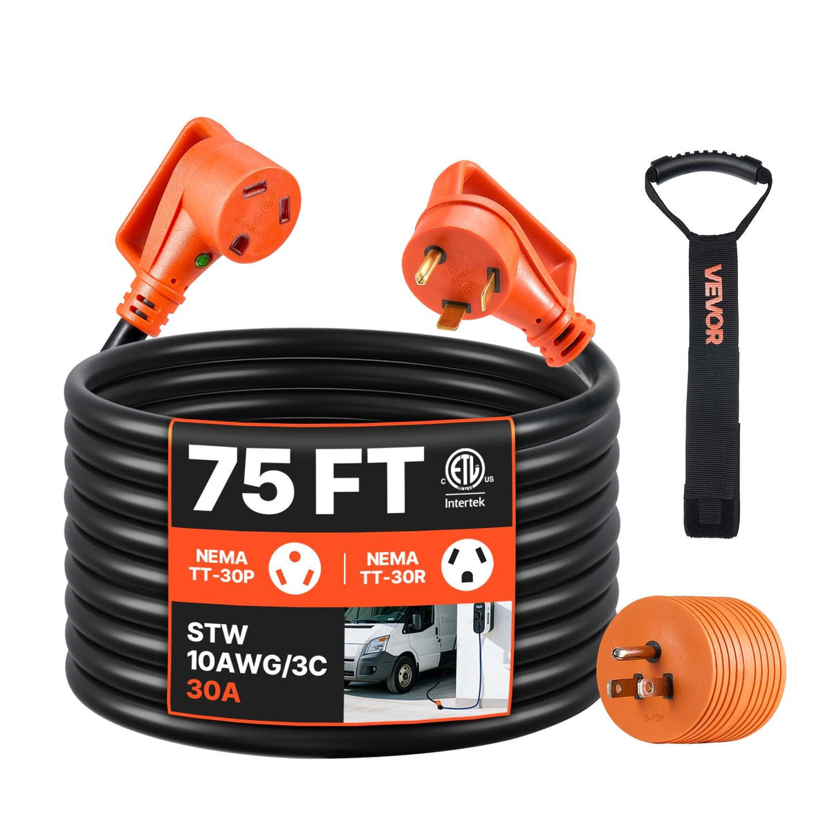 VEVOR RV Extension Cord, Heavy Duty STW Power Cord with NEMA 30A / 75 ft / with LED Indicator & 15A Adapter
