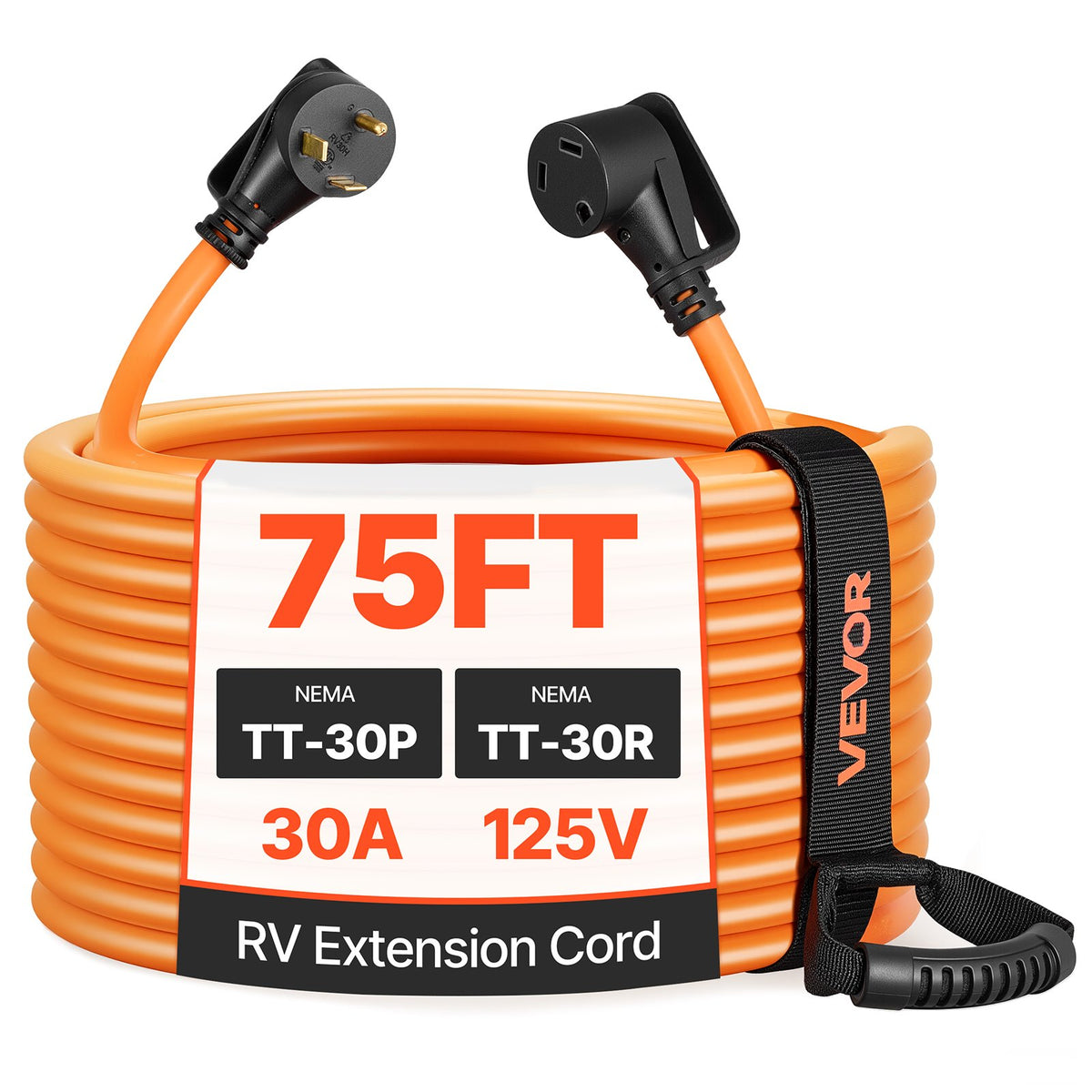 VEVOR RV Extension Cord, Heavy Duty STW Power Cord with NEMA 30A / 75 ft / with Cord Organizer & 15A Adapter