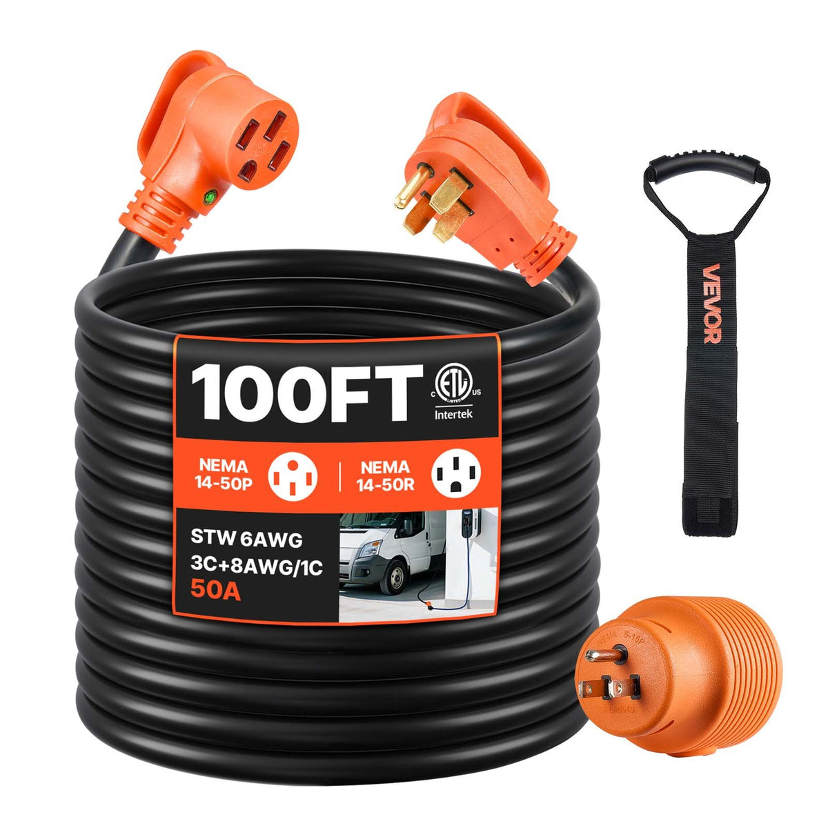 VEVOR RV Extension Cord, Heavy Duty STW Power Cord with NEMA 50A / 100 ft / with LED Indicator & 15A Adapter