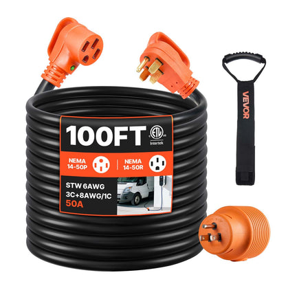 VEVOR RV Extension Cord, Heavy Duty STW Power Cord with NEMA 50A / 100 ft / with LED Indicator & 15A Adapter