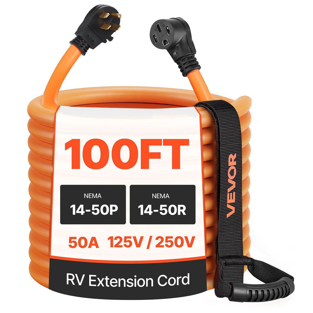 VEVOR RV Extension Cord, Heavy Duty STW Power Cord with NEMA 50A / 100 ft / with Cord Organizer & 15A Adapter