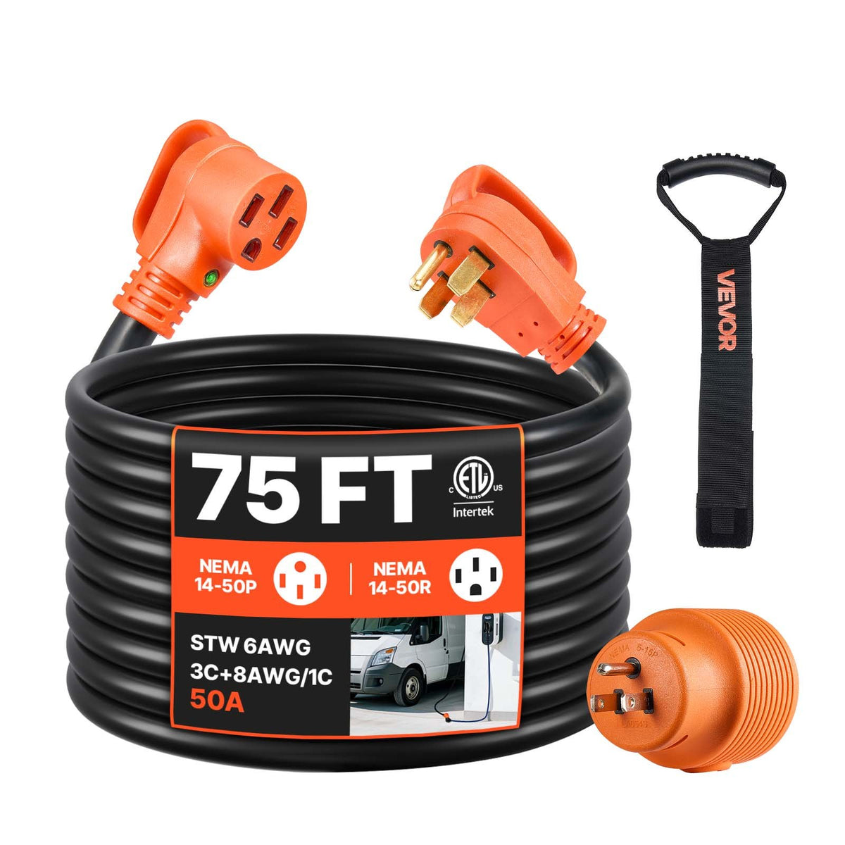 VEVOR RV Extension Cord, Heavy Duty STW Power Cord with NEMA 50A / 75 ft / with LED Indicator & 15A Adapter