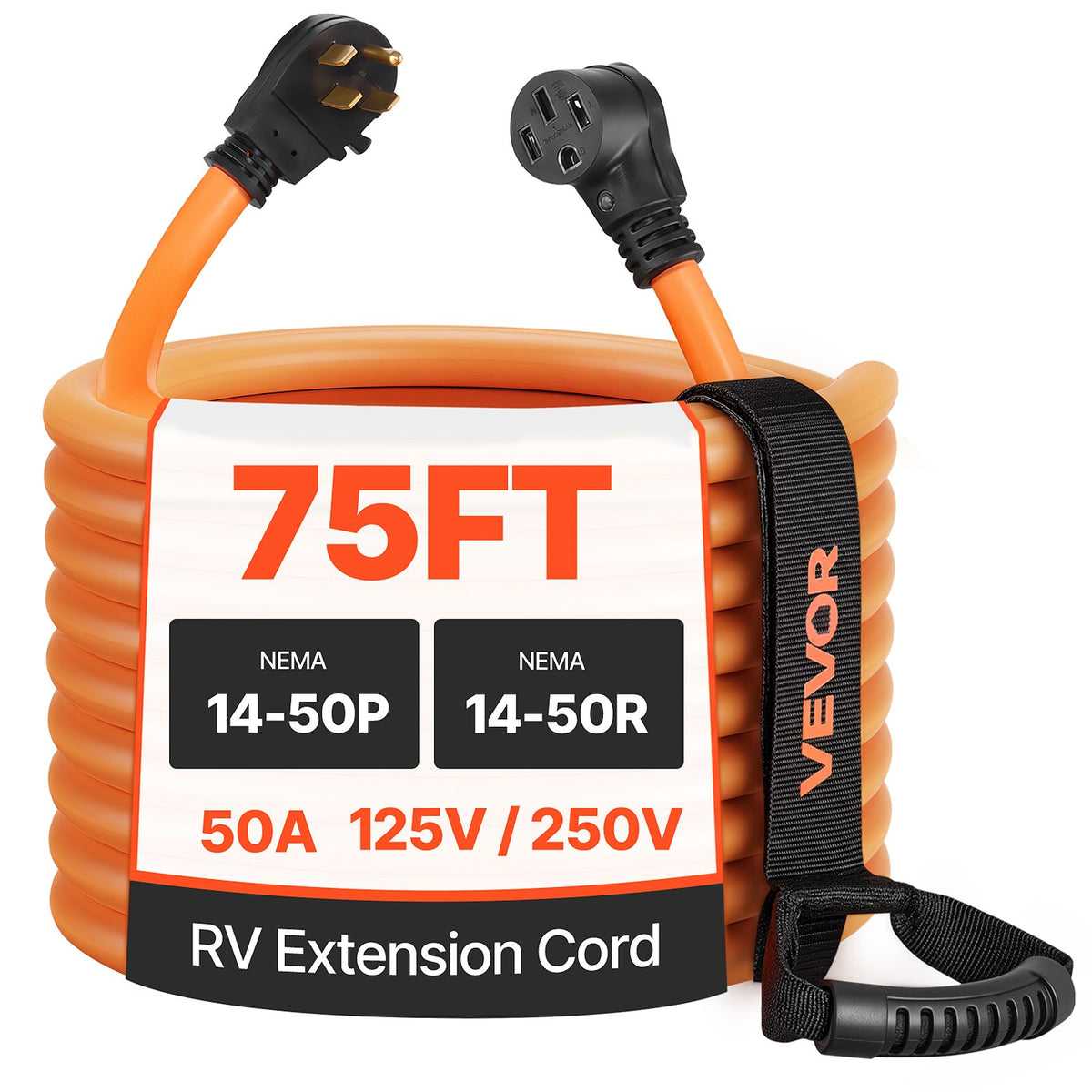 VEVOR RV Extension Cord, Heavy Duty STW Power Cord with NEMA 50A / 75 ft / with Cord Organizer & 15A Adapter