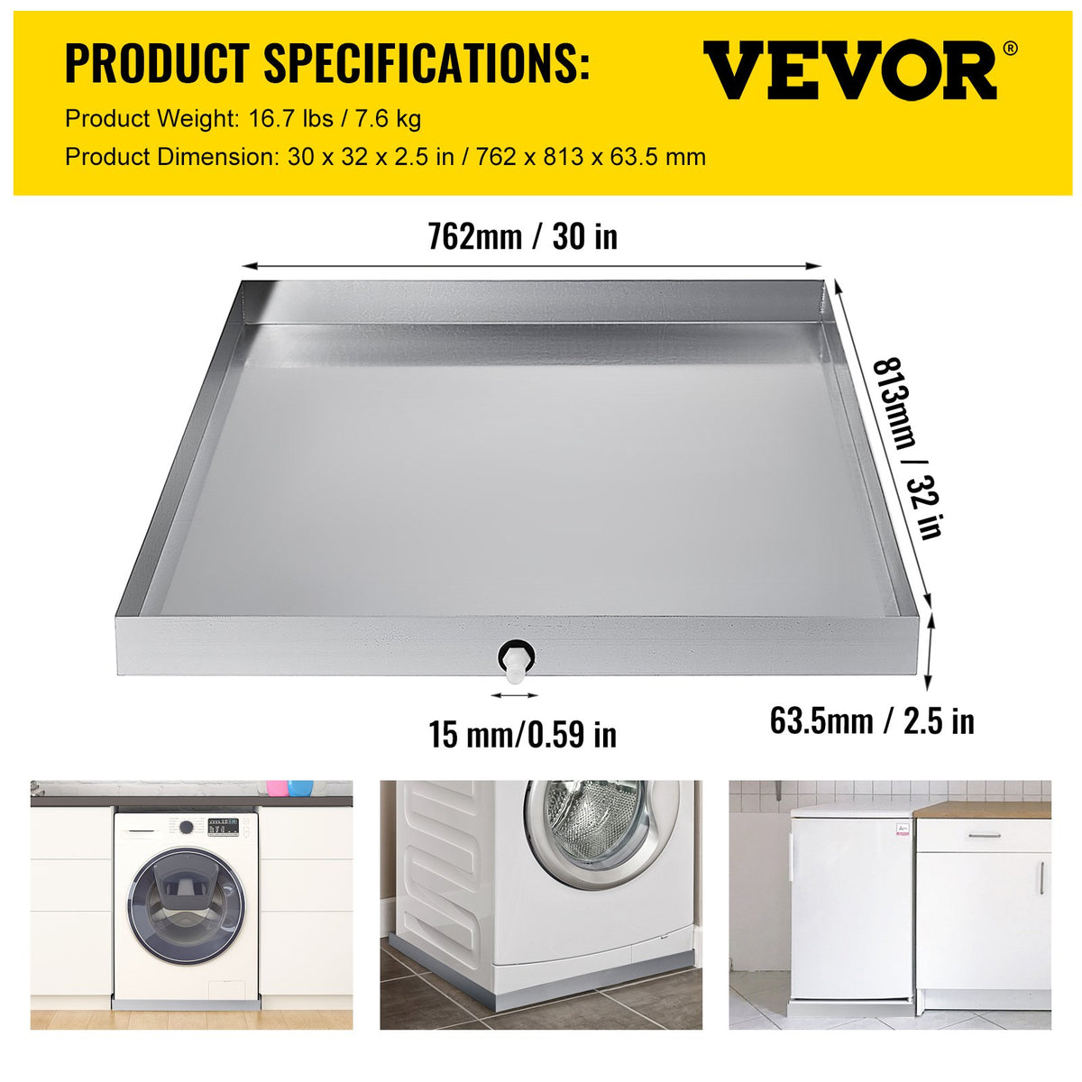 VEVOR 32 x 30 x 2.5 in Washing Machine Drain Pan, Galvanized Steel - view 2