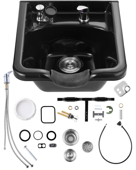 VEVOR Shampoo Bowl, Wall-Mounted ABS Shampoo Sink with Vacuum Breaker and T-Shaped Rod for Salons, Spas and Barbershops, Black Shampoo Sink