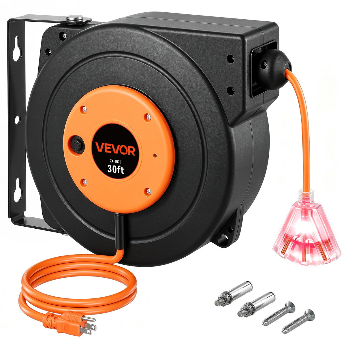 VEVOR Retractable Extension Cord Reel, 30 to 80 ft Heavy Duty 30 ft / Orange/Black