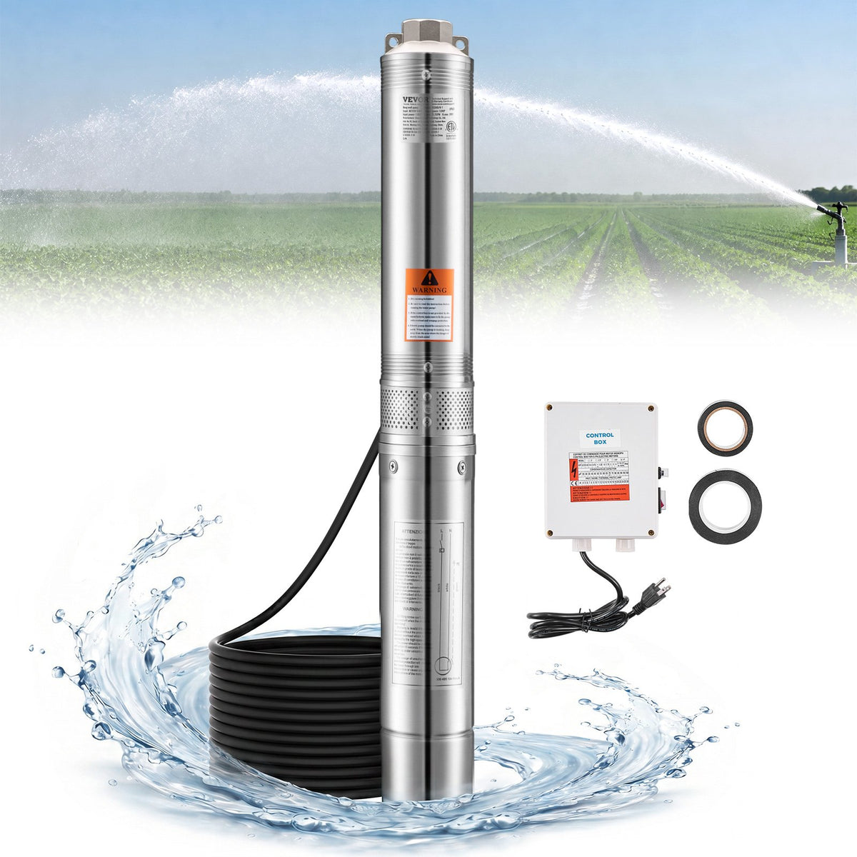 VEVOR Deep Well Submersible Pump, 0.5 to 2 HP Stainless Steel Water Pump with Built-in or External Starter Box, 4 Inch, 115V or 230V, for Industrial, Irrigation and Home Use 1HP / 115V / External Starter Box