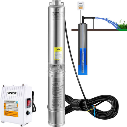 VEVOR Deep Well Submersible Pump, 0.5 to 3 HP 230V Stainless Steel Water Pump with Built-in or External Starter Box, 4 Inch, for Industrial, Irrigation and Home Use 2HP / External Starter Box
