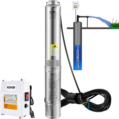 VEVOR Deep Well Submersible Pump, 0.5 to 2 HP Stainless Steel Water Pump with Built-in or External Starter Box, 4 Inch, 115V or 230V, for Industrial, Irrigation and Home Use 1.5HP / 115V / External Starter Box
