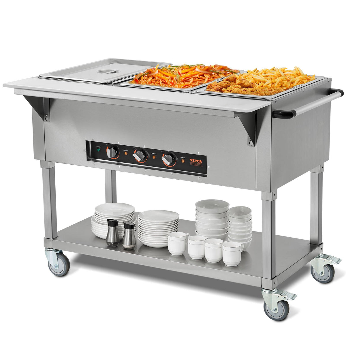 VEVOR Commercial Electric Food Warmer, Food Grade Stainless  3-Pan / With 4 Wheels