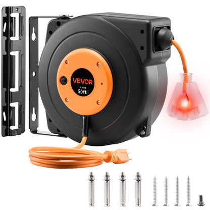 VEVOR Retractable Extension Cord Reel, 30 to 80 ft Heavy Duty 50 ft / Orange/Black