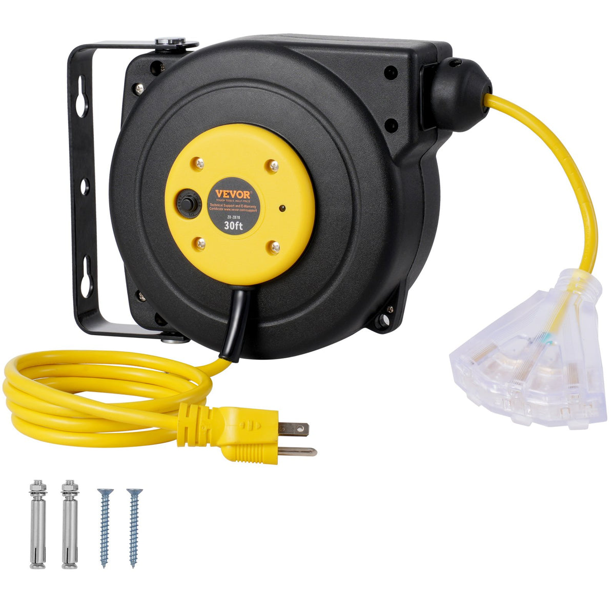 VEVOR Retractable Extension Cord Reel, 30 to 80 ft Heavy Duty 30 ft / Yellow/Black