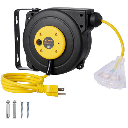 VEVOR Retractable Extension Cord Reel, 30 to 80 ft Heavy Duty 30 ft / Yellow/Black