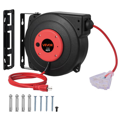 VEVOR Retractable Extension Cord Reel, 30 to 80 ft Heavy Duty 45 ft / Red/Black