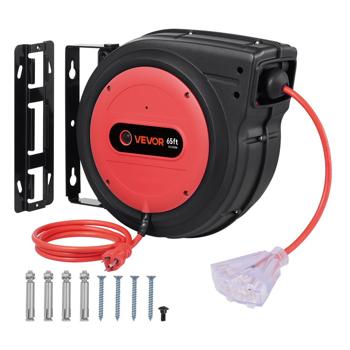 VEVOR Retractable Extension Cord Reel, 30 to 80 ft Heavy Duty 65 ft / Red/Black